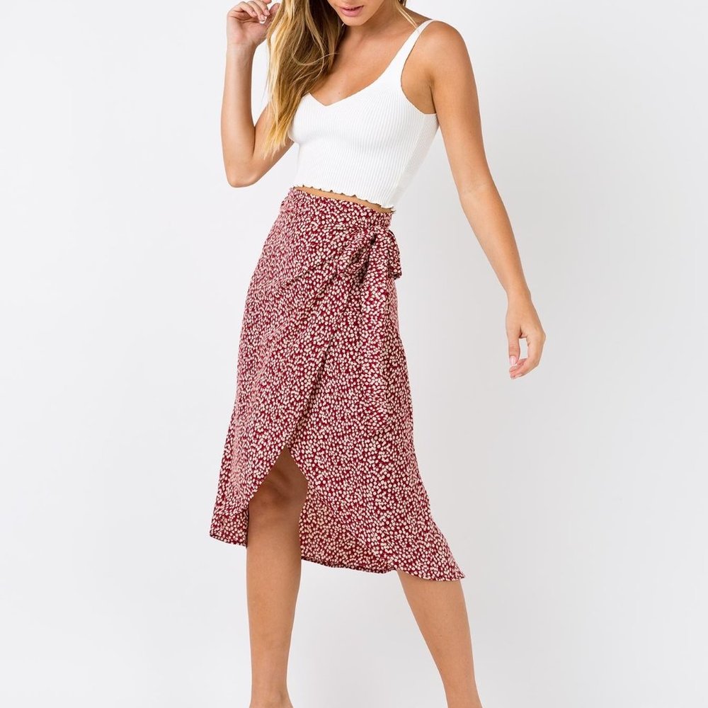 HAZEY FLORAL WRAP SKIRT RED FROM PRINCESS POLLY